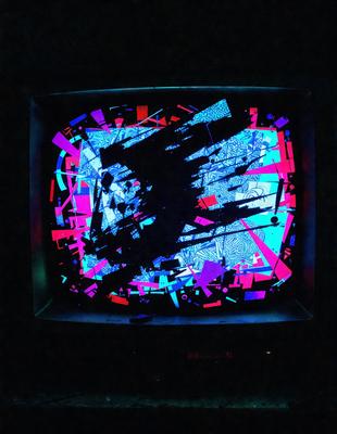 The primary subject of the image is a television screen displaying a colorful and artistic display. The screen features a mix of blue, purple, and red colors, creating a vibrant and visually appealing scene. The visual style of the image is a combination of digital art and illustration, with the television screen acting as the primary focus. The overall atmosphere of the image is lively and engaging, capturing the viewer's attention with its vivid and dynamic display.